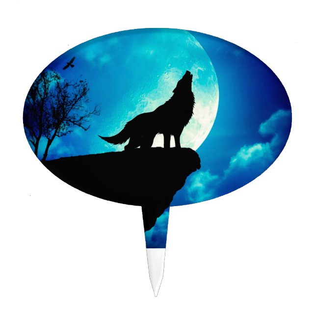 Wolf in silhouette howling to the full moon cake topper (Front)