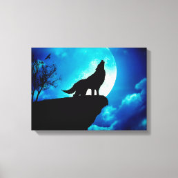 Wolf in silhouette howling to the full moon canvas print