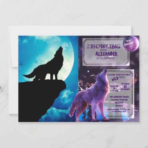 Wolf in silhouette howling to the full moon invitation