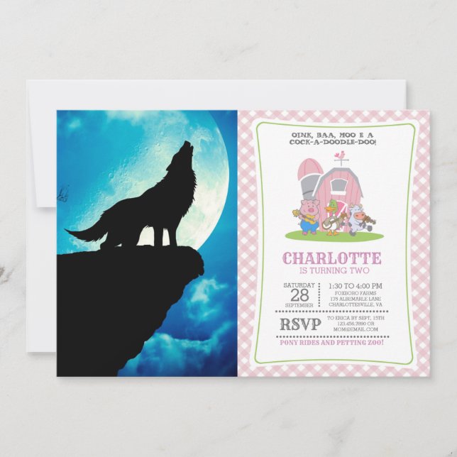 Wolf in silhouette howling to the full moon invitation (Front)