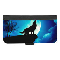 Wolf in silhouette howling to the full moon