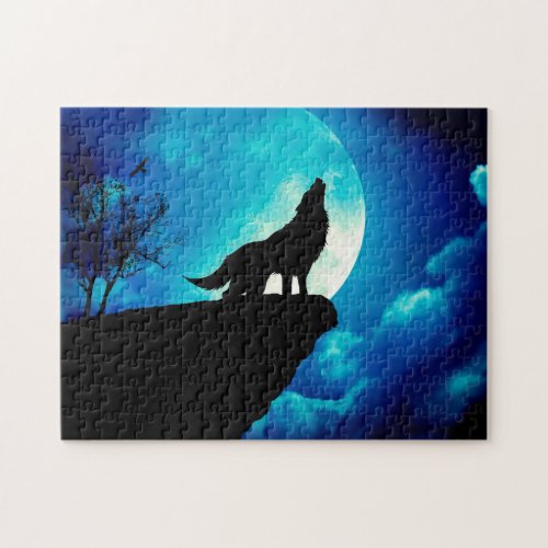 Wolf in silhouette howling to the full moon jigsaw puzzle