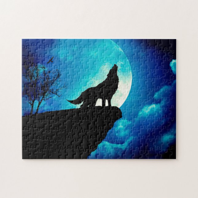 Wolf in silhouette howling to the full moon jigsaw puzzle (Horizontal)