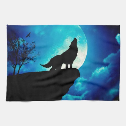 Wolf in silhouette howling to the full moon kitchen towel