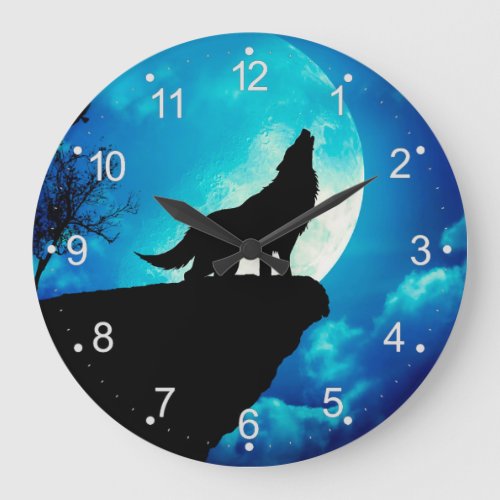 Wolf in silhouette howling to the full moon large clock