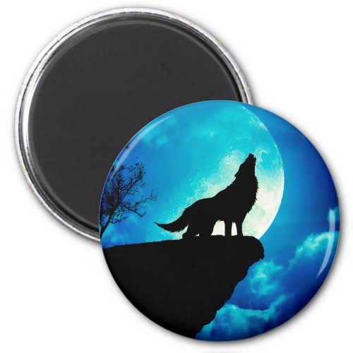 Wolf in silhouette howling to the full moon magnet