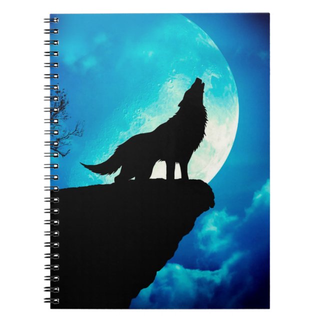 Wolf in silhouette howling to the full moon notebook (Front)