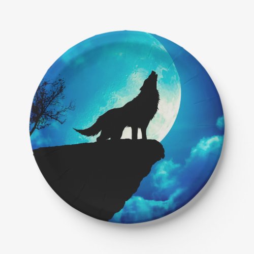 Wolf in silhouette howling to the full moon paper plates