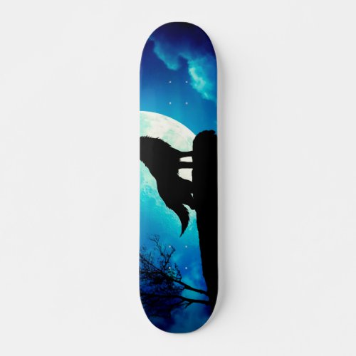 Wolf in silhouette howling to the full moon skateboard