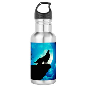 Wolf in silhouette howling to the full moon stainless steel water bottle