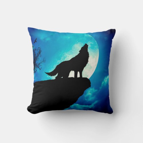 Wolf in silhouette howling to the full moon throw pillow