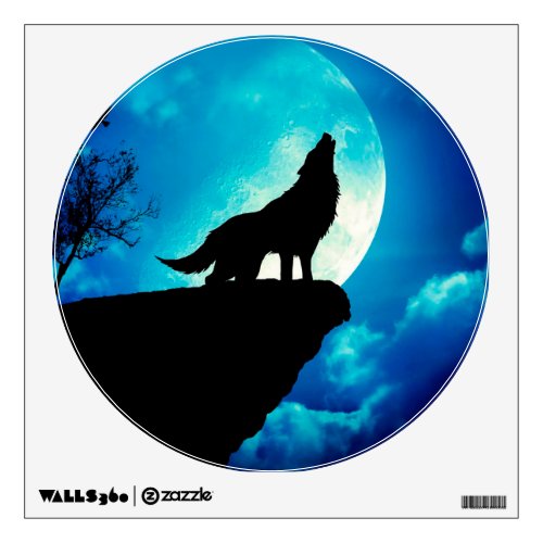Wolf in silhouette howling to the full moon wall decal