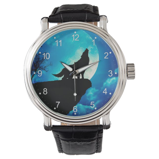 Wolf in silhouette howling to the full moon watch (Front)