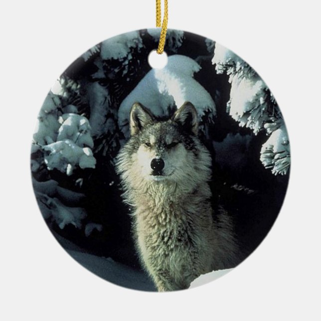 Wolf in snow ceramic ornament (Front)