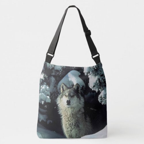Wolf in snow crossbody bag