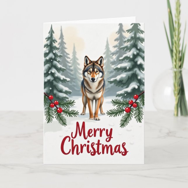 Wolf in Snow Merry Christmas Card Forest Scene (Front)