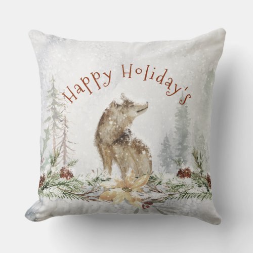 Wolf in snowy Christmas wood  holiday flowers Throw Pillow