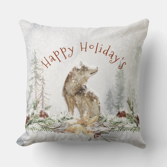 Wolf in snowy Christmas wood & holiday flowers Throw Pillow (Front)