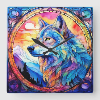 Wolf in Stained Glass  Square Wall Clock