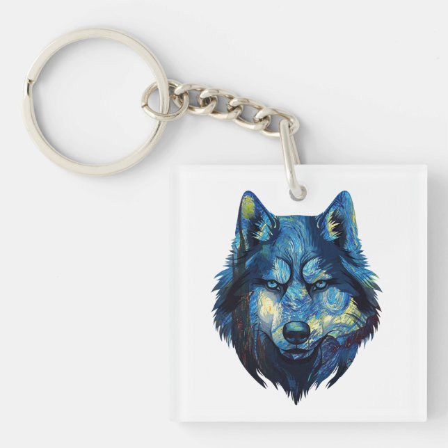 Wolf in starry night abstract wildlife keychain (Front)