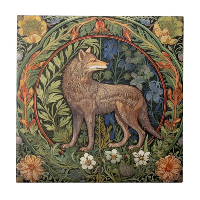Wolf in the forest art nouveau ceramic tile (Front)