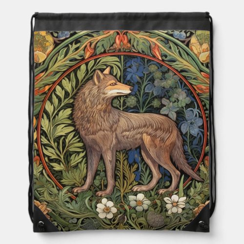 Wolf in the forest art nouveau drawstring bag
