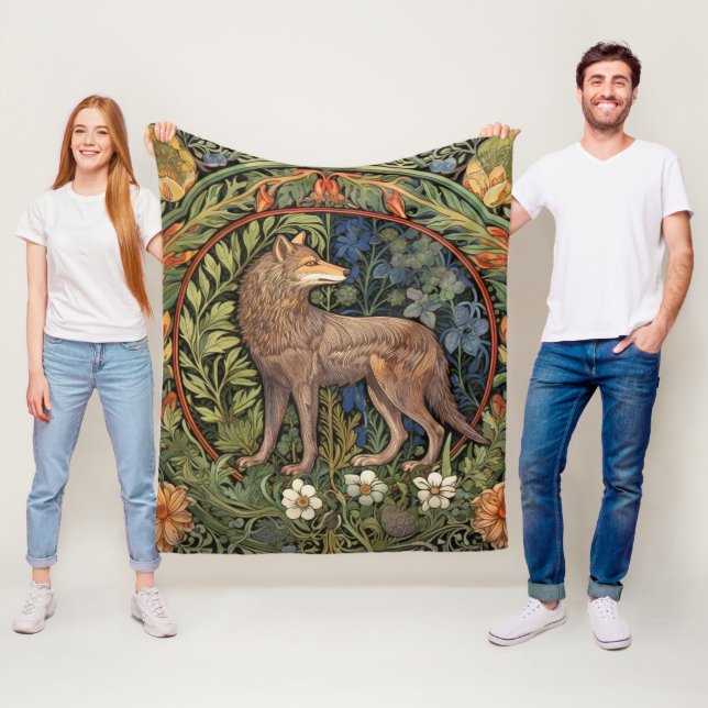 Wolf in the forest art nouveau fleece blanket (In Situ)