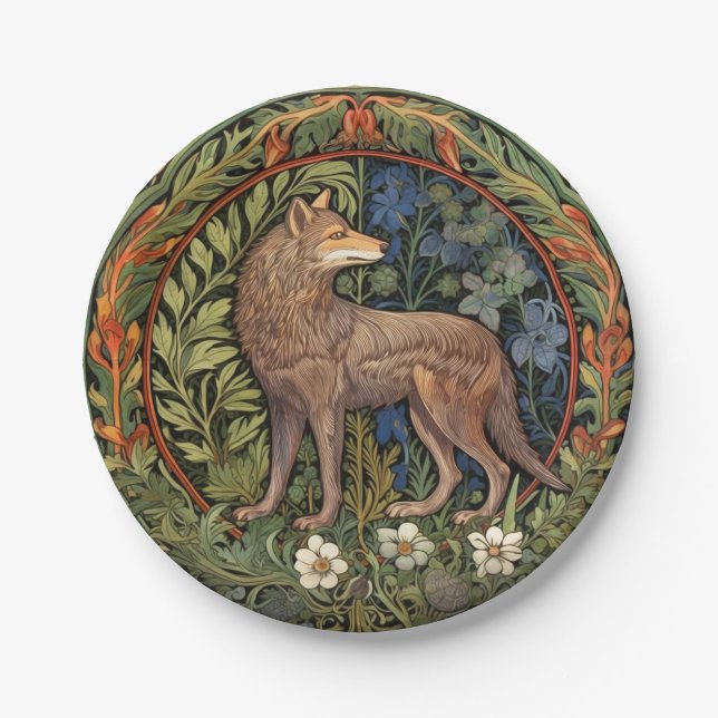 Wolf in the forest art nouveau paper plates (Front)