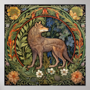 Wolf in the forest art nouveau poster