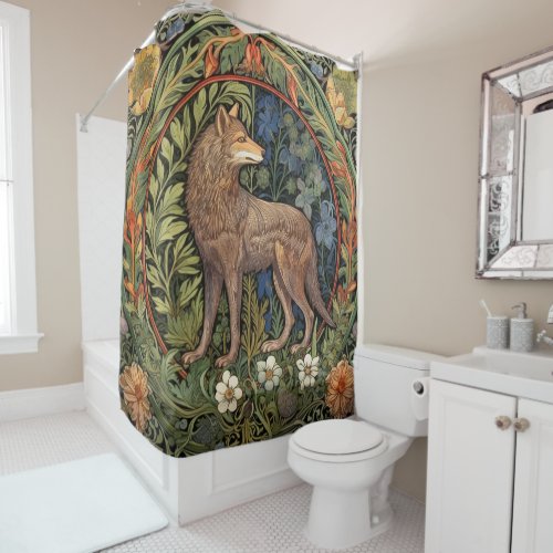 Wolf in the forest art nouveau shower curtain