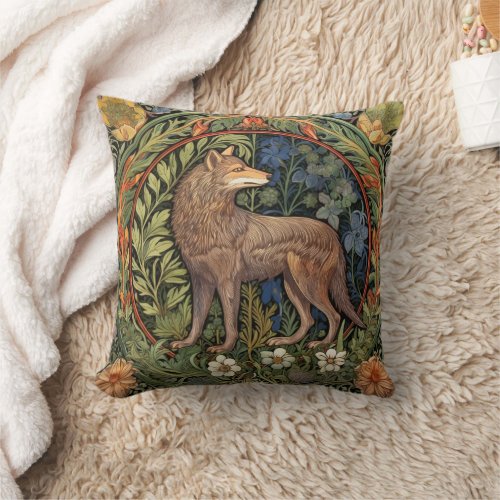 Wolf in the forest art nouveau throw pillow