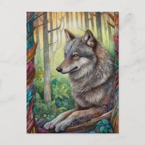 Wolf In The Forest Art Postcard