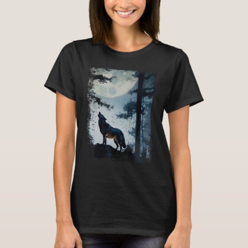 Wolf in the Forest at Night Howling at a Full Moon T_Shirt