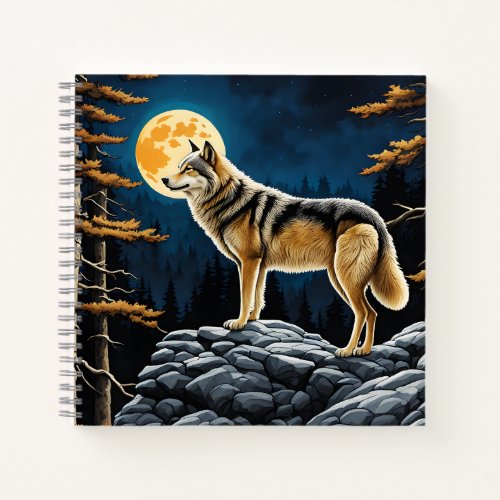 Wolf in the Forest with Yellow Moon Notebook