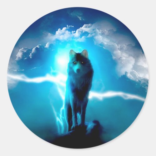 Wolf in the thunderstorm classic round sticker