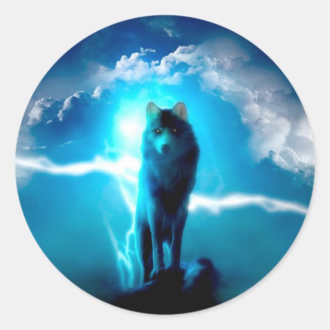 Wolf in the thunderstorm classic round sticker (Front)