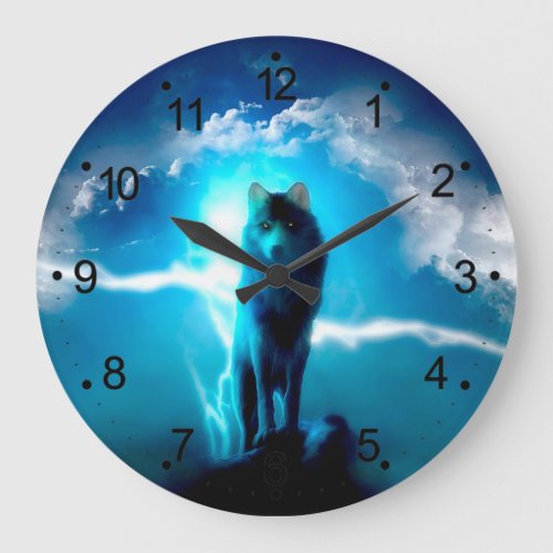Wolf in the thunderstorm large clock