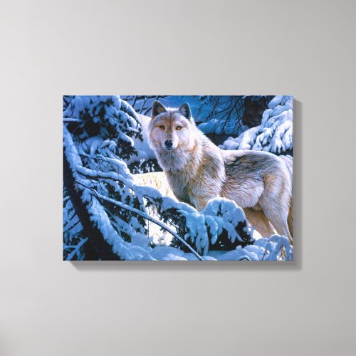 Wolf in the winter forest painting canvas print