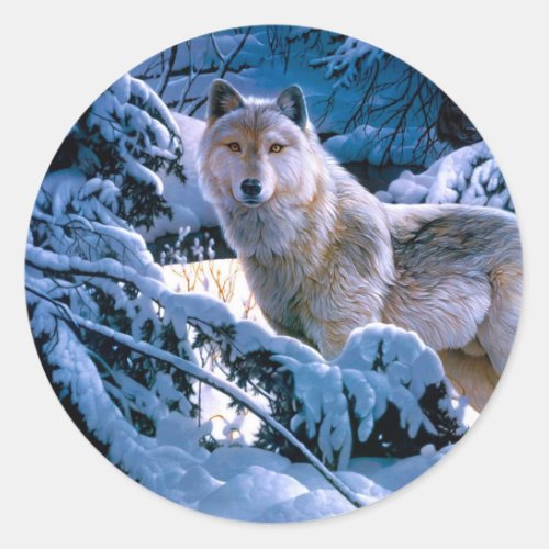 Wolf in the winter forest painting classic round sticker