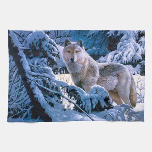 Wolf in the winter forest painting kitchen towel