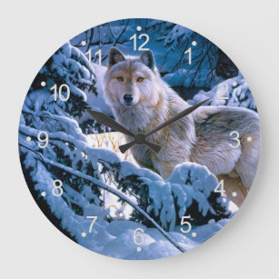 Wolf in the winter forest painting large clock