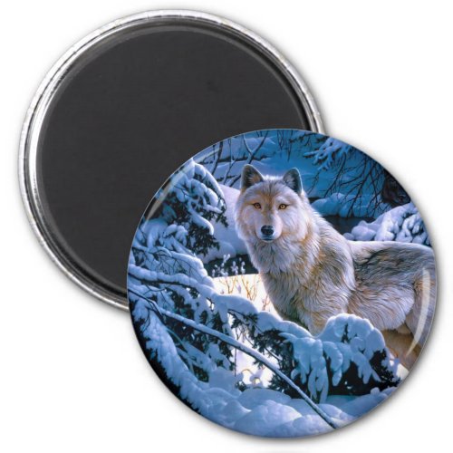 Wolf in the winter forest painting magnet