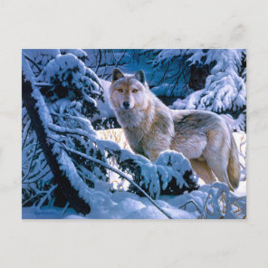 Wolf in the winter forest painting postcard