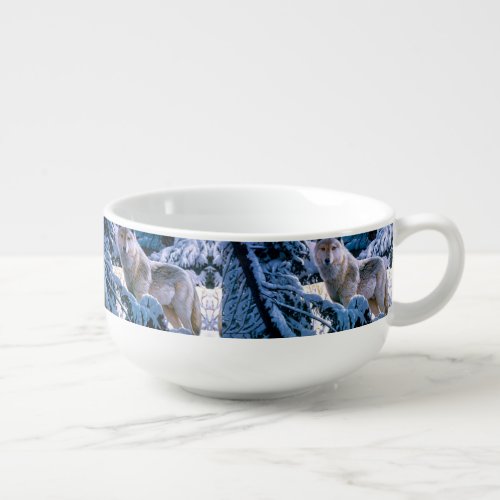 Wolf in the winter forest painting soup mug