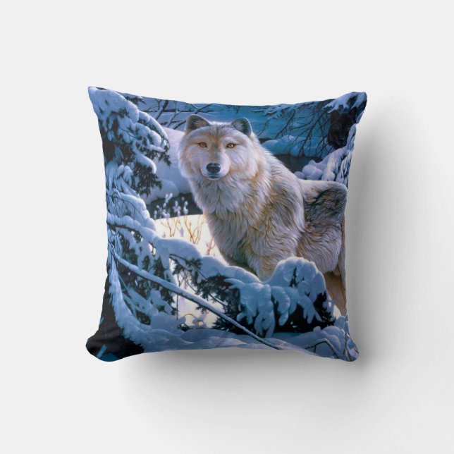 Wolf in the winter forest painting throw pillow (Front)
