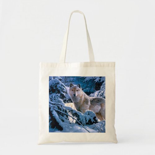 Wolf in the winter forest painting tote bag