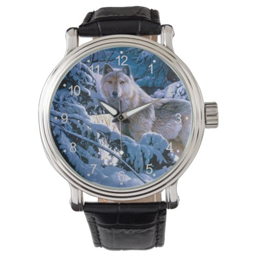 Wolf in the winter forest painting watch
