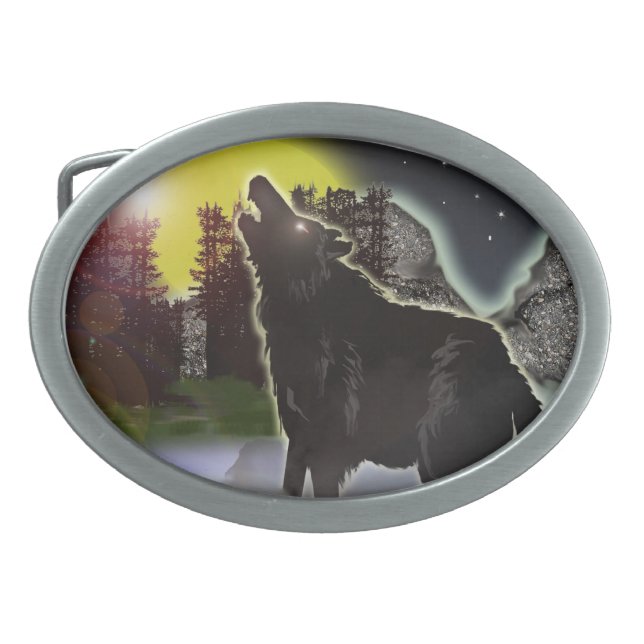 wolf in the woods oval belt buckle (Front)