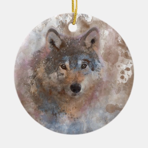 Wolf in watercolor ceramic ornament