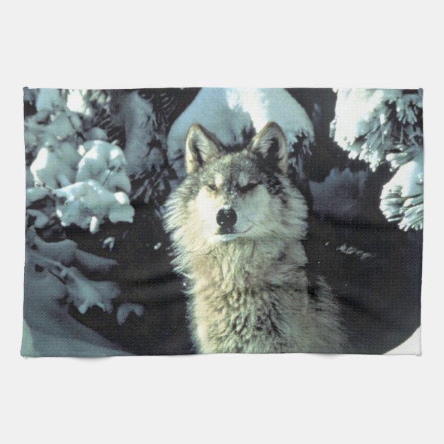 Wolf in Winter Forest Artwork Kitchen Towel (Horizontal)